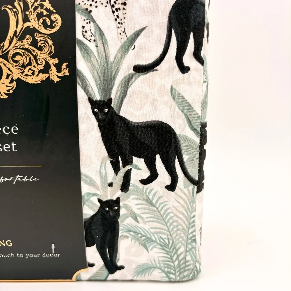 House of Verdi King 4 Piece Sheet Set Black Panther Leopard Jungle Print NEW